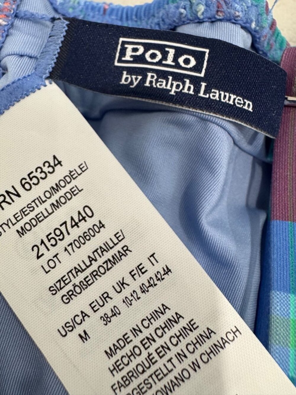 New Polo Ralph Lauren Women's Size M Blue Smocked Madras Balconette Swim Top - Picture 3 of 13